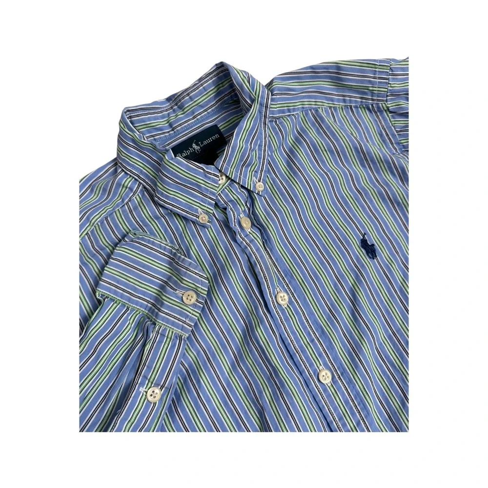 Ralph Lauren Kids Button Down Shirt Blue Green‎ Stripe Polo Pony Size M 10-12